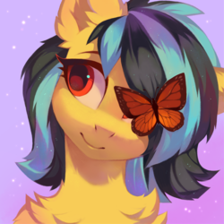 Size: 800x800 | Tagged: safe, artist:lispp, oc, oc only, oc:here after, butterfly, pony, chest fluff, female, hair over one eye, looking away, mare, smiling