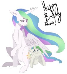Size: 2304x2532 | Tagged: safe, artist:chibadeer, princess celestia, oc, oc:alumx, alicorn, pony, unicorn, g4, birthday, gift art, happy birthday, high res, looking at each other, lying down, simple background, sitting, spread wings, white background, wings