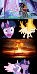 Size: 1200x2400 | Tagged: safe, king sombra, princess flurry heart, twilight sparkle, alicorn, pony, g4, the beginning of the end, angry, explosion, good end, kissing, mama bear, rapidash twilight, twilight is bae, twilight sparkle (alicorn)