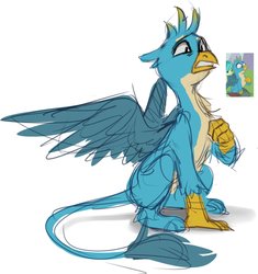 Size: 1812x1928 | Tagged: safe, artist:chibadeer, gallus, griffon, pony, g4, concerned, male, scene interpretation, simple background, sitting, sketch, solo, spread wings, white background, wings