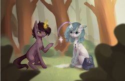 Size: 1003x645 | Tagged: safe, artist:chibadeer, oc, oc only, oc:kara, pony, unicorn, bag, collaboration, crouching, forest, jewelry, looking at each other, magic, necklace, sitting, snow, sparkles, tree, vial, wip
