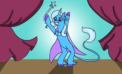Size: 1280x782 | Tagged: safe, artist:greatveiledbear, trixie, pony, unicorn, g4, curved horn, female, horn, leonine tail, magic wand, rearing, smiling, solo, stage, unshorn fetlocks, wand
