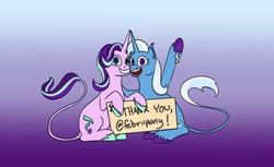 Size: 1280x782 | Tagged: safe, artist:greatveiledbear, starlight glimmer, trixie, pony, unicorn, g4, duo, duo female, female, gradient background, horn, horns are touching, leonine tail, mare, sign, sitting, smiling, unshorn fetlocks, waving