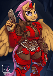 Size: 1000x1415 | Tagged: safe, artist:eztp, scootaloo, anthro, g4, female, gun, looking at you, repaint, smiling, solo, weapon
