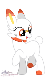 Size: 1061x1500 | Tagged: safe, artist:lilybloom, oc, oc only, earth pony, pony, scorbunny, bandaid, bandaid on nose, bucktooth, bunny tail, cheek fluff, crossover, female, grin, looking back, mare, open mouth, pokemon sword and shield, pokémon, ponified, raised hoof, raised leg, simple background, smiling, solo, transparent background