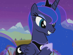 Size: 944x720 | Tagged: safe, screencap, princess luna, alicorn, pony, twilight's kingdom, balcony, beautiful, cropped, crystal empire, cute, female, happy, hoof shoes, lunabetes, mare, night, peytral, raised hoof, smiling, solo, you'll play your part