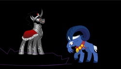 Size: 901x510 | Tagged: artist needed, safe, grogar, king sombra, pony, unicorn, g1, g4, the beginning of the end, cape, clothes, cloven hooves, collar, curved horn, duo, g1 to g4, generation leap, horn, male, ram, stallion