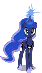 Size: 4696x8192 | Tagged: safe, artist:mewtwo-ex, artist:pencils, princess luna, alicorn, pony, g4, .ai available, absurd resolution, crown, ethereal mane, eyeshadow, female, front view, glowing horn, hoof shoes, horn, jewelry, luna is not amused, magic, magic aura, makeup, mare, peytral, raised eyebrow, regalia, simple background, solo, standing, transparent background, unamused, vector, wings