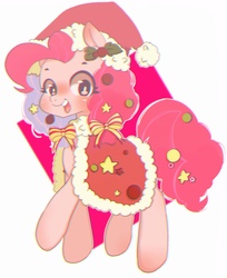 Size: 1672x2048 | Tagged: safe, artist:koto, pinkie pie, earth pony, pony, bow, christmas, female, hair bow, hat, holiday, holly, looking at you, mare, pixiv, santa hat, smiling, solo