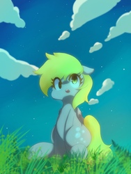 Size: 1536x2048 | Tagged: safe, artist:koto, derpy hooves, pegasus, pony, g4, cloud, cute, female, grass, mare, open mouth, pixiv, solo