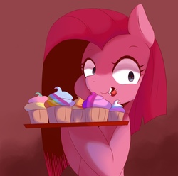 Size: 1359x1348 | Tagged: safe, artist:koto, pinkie pie, earth pony, pony, fanfic:cupcakes, cupcake, female, food, implied applejack, implied fluttershy, implied murder, implied rainbow dash, implied rarity, implied twilight sparkle, looking at you, mare, pinkamena diane pie, pixiv, rainbow cupcake, smiling, solo