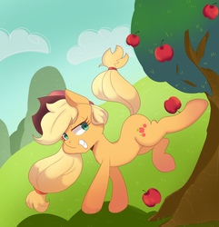 Size: 1973x2048 | Tagged: safe, artist:koto, applejack, earth pony, pony, apple, apple tree, applebucking, applejack mid tree-buck facing the left with 3 apples falling down, applejack mid tree-buck with 3 apples falling down, applejack's hat, bucking, cowboy hat, falling, female, food, hat, mare, pixiv, smiling, solo, tree