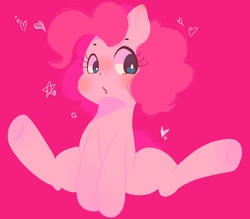 Size: 1013x886 | Tagged: safe, artist:koto, pinkie pie, earth pony, pony, blushing, bunny sitting, female, looking sideways, mare, pixiv, simple background, solo