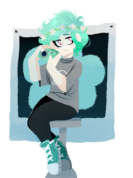 Size: 600x800 | Tagged: safe, artist:galaxiedream, oc, oc only, oc:snap happy, human, blushing, camera, clothes, converse, cute, female, floral head wreath, flower, humanized, humanized oc, jeans, pants, shirt, shoes, simple background, sitting, sneakers, solo, stool, t-shirt, transparent background