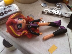 Size: 2592x1944 | Tagged: safe, sunset shimmer, equestria girls, g4, black underwear, broken leg, clothes, doll, equestria girls minis, female, irl, missing accessory, paint, panties, photo, repairing, toy, underwear