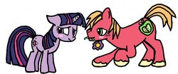 Size: 883x366 | Tagged: safe, artist:closer-to-the-sun, big macintosh, twilight sparkle, earth pony, pony, g4, blushing, female, flower, flower in mouth, male, mouth hold, ship:twimac, shipping, straight