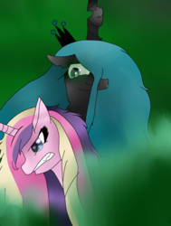 Size: 1024x1356 | Tagged: safe, artist:sugerush123, princess cadance, queen chrysalis, alicorn, changeling, changeling queen, pony, g4, angry, crying, female, green background, gritted teeth, mare, messy mane, simple background, smoke
