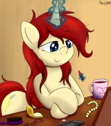 Size: 2494x2835 | Tagged: safe, artist:an-tonio, oc, oc only, oc:golden brooch, pony, unicorn, alternate hairstyle, bags under eyes, brush, colored, desk, female, hooves, human shoulders, jewelry, lipstick, loose hair, magic, makeup, mare, mirror, mug, necklace, pearl necklace, smiling, solo, telekinesis