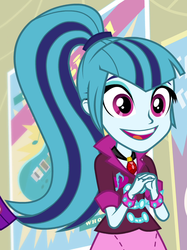 Size: 748x998 | Tagged: safe, screencap, sonata dusk, equestria girls, g4, my little pony equestria girls: rainbow rocks, clothes, cropped, cute, excited, female, gem, open mouth, siren gem, skirt, smiling, solo, sonatabetes, spiked wristband, wristband