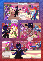 Size: 905x1280 | Tagged: safe, artist:calena, pinkie pie, rainbow dash, starlight glimmer, oc, oc:jesus, oc:trinity deblanc, earth pony, pegasus, pony, unicorn, g4, birthday, bottle, canon x oc, comic, comic strip, commission, dialogue, drink, drinking, flower, hat, ocs everywhere, party, party hat