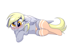 Size: 3000x2000 | Tagged: safe, artist:confetticakez, derpibooru exclusive, derpy hooves, pegasus, pony, g4, adorasexy, belly button, blushing, clothes, cute, daaaaaaaaaaaw, derpabetes, ear fluff, female, floppy ears, high res, hooves, leg fluff, mare, on side, panties, pink underwear, precious, sexy, simple background, socks, solo, spread wings, stockings, thigh highs, transparent background, underwear, weapons-grade cute, wide hips, wings