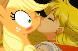 Size: 500x332 | Tagged: safe, applejack, g4, aino minako, blushing, crossover, crossover shipping, female, kissing, lesbian, sailor moon (series), sailor venus, shipping