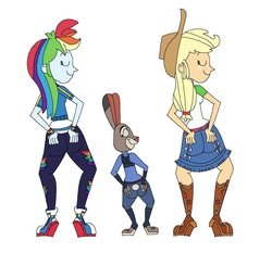 Size: 2217x2065 | Tagged: safe, artist:hunterxcolleen, applejack, rainbow dash, human, equestria girls, g4, my little pony equestria girls: better together, animaniacs, applebutt, ass, butt, butt touch, crossover, high res, implied tail hole, judy hopps, macadamia nut, macarena, rainbutt dash, rear view, twerking, zootopia