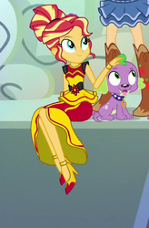 Size: 273x416 | Tagged: safe, screencap, applejack, spike, spike the regular dog, sunset shimmer, dog, dance magic, equestria girls, equestria girls specials, g4, clothes, cropped, dress, female, flamenco dress, high heels, legs, male, offscreen character, shoes, sunset shimmer flamenco dress