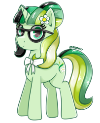 Size: 2600x3200 | Tagged: safe, artist:rivin177, oc, oc only, oc:camellia yasmina, pony, unicorn, bun hairstyle, female, flower, glasses, high res, hooves, horn, looking at you, mare, ribbon, simple background, solo, standing, tail, transparent, transparent background