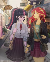 Size: 1300x1600 | Tagged: safe, artist:tcn1205, sci-twi, sunset shimmer, twilight sparkle, human, equestria girls, g4, clothes, duo, female, glasses, holding hands, humanized, lesbian, pony coloring, ship:sci-twishimmer, ship:sunsetsparkle, shipping, smiling