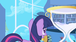 Size: 1280x720 | Tagged: safe, screencap, twilight sparkle, pony, unicorn, friendship is magic, g4, female, hourglass, mare, solo, twilight's canterlot home, unicorn twilight, window