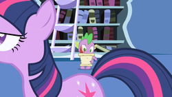 Size: 1280x720 | Tagged: safe, screencap, spike, twilight sparkle, dragon, pony, unicorn, friendship is magic, g4, bookshelf, feather, ladder, letter, male, paper, parchment, quill, twilight's canterlot home, unicorn twilight