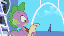 Size: 1280x720 | Tagged: safe, screencap, spike, twilight sparkle, dragon, pony, unicorn, friendship is magic, g4, bookshelf, feather, ladder, letter, male, paper, parchment, quill, twilight's canterlot home, unicorn twilight, window