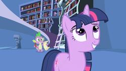 Size: 1280x720 | Tagged: safe, screencap, spike, twilight sparkle, dragon, pony, unicorn, friendship is magic, g4, bookshelf, feather, ladder, letter, male, paper, parchment, quill, twilight's canterlot home, unicorn twilight