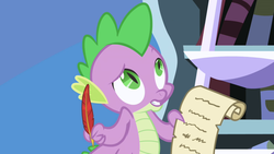 Size: 1280x720 | Tagged: safe, screencap, spike, dragon, friendship is magic, g4, bookshelf, feather, ladder, letter, male, paper, parchment, quill, solo, twilight's canterlot home