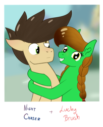 Size: 881x1081 | Tagged: safe, artist:dyonys, oc, oc only, oc:lucky brush, oc:night chaser, earth pony, pony, female, hug, looking at you, luckychaser, male, mare, photo, stallion