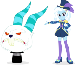Size: 4927x4300 | Tagged: safe, artist:punzil504, angel bunny, trixie, equestria girls, g4, my little pony equestria girls: better together, street magic with trixie, absurd resolution, anger bunny, clothes, dress, female, hat, high heels, miniskirt, monster, shoes, simple background, skirt, smiling, socks, thigh highs, top hat, transparent background, vector