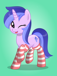Size: 2119x2830 | Tagged: safe, artist:jhayarr23, sea swirl, seafoam, pony, unicorn, g4, background pony, clothes, cute, female, high res, hooves, mare, one eye closed, raised hoof, seadorable, simple background, smiling, socks, solo, stockings, striped socks, thigh highs, wink