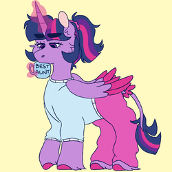 Size: 1000x1000 | Tagged: safe, artist:sodaaz, twilight sparkle, alicorn, pony, g4, alternate hairstyle, best aunt ever, cheek fluff, clothes, colored hooves, ear fluff, female, hooves, leonine tail, magic, mare, messy mane, mug, pants, ponytail, raised hoof, simple background, solo, telekinesis, twilight sparkle (alicorn), two toned wings, unshorn fetlocks, yellow background