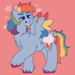 Size: 1000x1000 | Tagged: safe, artist:sodaaz, rainbow dash, pegasus, pony, g4, cheek fluff, chest fluff, ear fluff, februpony, female, hooves, leg fluff, raised hoof, red background, shoulder fluff, simple background, solo, stars, two toned wings, unshorn fetlocks