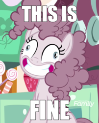 Size: 600x742 | Tagged: safe, edit, edited screencap, editor:twilyisbestpone, screencap, pinkie pie, earth pony, pony, g4, season 8, yakity-sax, blatant lies, caption, contemplating insanity, cropped, derp, discovery family logo, faic, female, grin, image macro, meme, pinkamena diane pie, smiling, solo, text, this is fine
