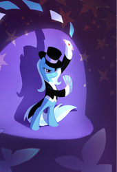 Size: 441x650 | Tagged: safe, artist:tomatocoup, trixie, pony, unicorn, g4, ace of diamonds, bipedal, clothes, female, hat, hoof hold, hooves, mare, playing card, raised hoof, raised leg, smiling, stage, top hat, tuxedo, wip