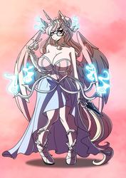 Size: 1080x1528 | Tagged: safe, alternate version, artist:kinkymation, princess cadance, alicorn, anthro, g4, arima verse, big breasts, breasts, cleavage, clothes, dagger, empress, female, fire, glasses, goddess, huge breasts, solo, weapon