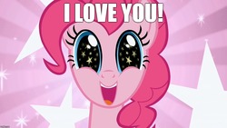 Size: 1280x720 | Tagged: source needed, safe, edit, edited screencap, screencap, pinkie pie, earth pony, pony, g4, season 1, the ticket master, bronybait, caption, chocolate with nuts, female, fourth wall, i love you, image macro, mare, meme, pinkie pie is best pony, solo, spongebob squarepants, starry eyes, text, wingding eyes