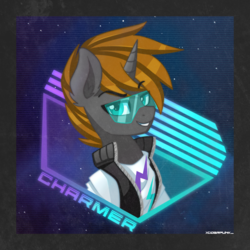 Size: 2000x2000 | Tagged: safe, artist:ciderpunk, oc, oc only, oc:charmer, pony, unicorn, clothes, glasses, high res, synthwave, vest
