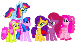 Size: 1885x1080 | Tagged: safe, artist:徐詩珮, oc, oc:apple netty, oc:betty pop, oc:butter flower, oc:rainbow beart, oc:sky cake, oc:vesty sparkle, earth pony, hippogriff, hybrid, pegasus, pony, unicorn, female, hooves, magical lesbian spawn, mane six, next generation, offspring, parent:applejack, parent:flash sentry, parent:fluttershy, parent:glitter drops, parent:pinkie pie, parent:princess skystar, parent:rainbow dash, parent:rarity, parent:soarin', parent:tempest shadow, parent:tree hugger, parent:twilight sparkle, parents:flashlight, parents:flutterhugger, parents:glittershadow, parents:rarijack, parents:skypie, parents:soarindash, raised hoof, raised leg, simple background, transparent background
