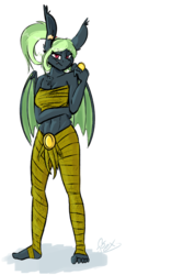 Size: 1322x1980 | Tagged: safe, artist:omegapex, oc, oc only, oc:ace moonlight, bat pony, anthro, bat wings, belly, coin, ear piercing, earring, female, jewelry, piercing, pink eyes, ponytail, seaweed, seaweed wrap, simple background, smiling, solo, standing, white background, wings