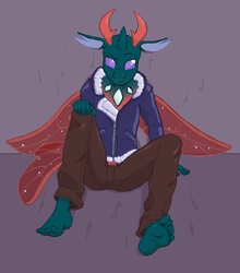 Size: 928x1054 | Tagged: safe, artist:caroo, pharynx, changedling, changeling, anthro, plantigrade anthro, g4, barefoot, clothes, feet, jacket, male, male feet, prince pharynx, solo, toes