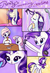 Size: 2300x3400 | Tagged: safe, artist:katputze, rarity, sweetie belle, pony, unicorn, g4, armpits, bed mane, bread, cereal, comic, croissant, female, filly, food, high res, hooves, loofah, mare, messy mane, morning ponies, raised hoof, raised leg, shower