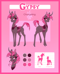 Size: 2481x3047 | Tagged: safe, artist:silkensaddle, oc, oc only, oc:gypsy, changeling, changeling oc, curved horn, dock, forked tongue, high res, holeless, horn, mandibles, pink changeling, reference sheet, size chart, size comparison, solo, tongue out